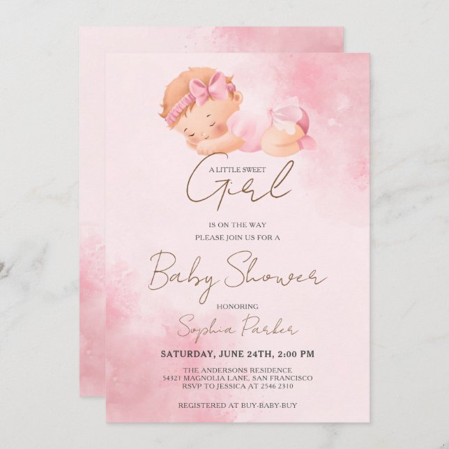 Watercolor Baby Girl Invitation (Devant / Derrière)