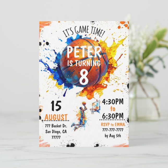Watercolor Basketball Birthday Invitation (Debout devant)