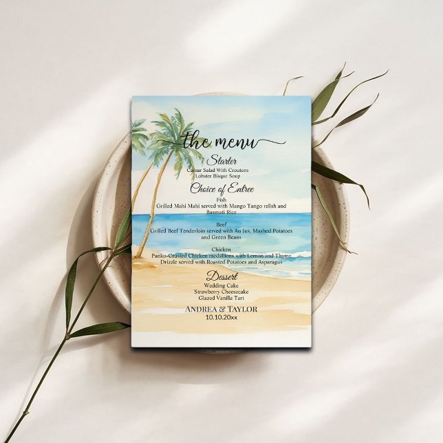 Watercolor Beach and Palm Trees Wedding Menu (Créateur téléchargé)