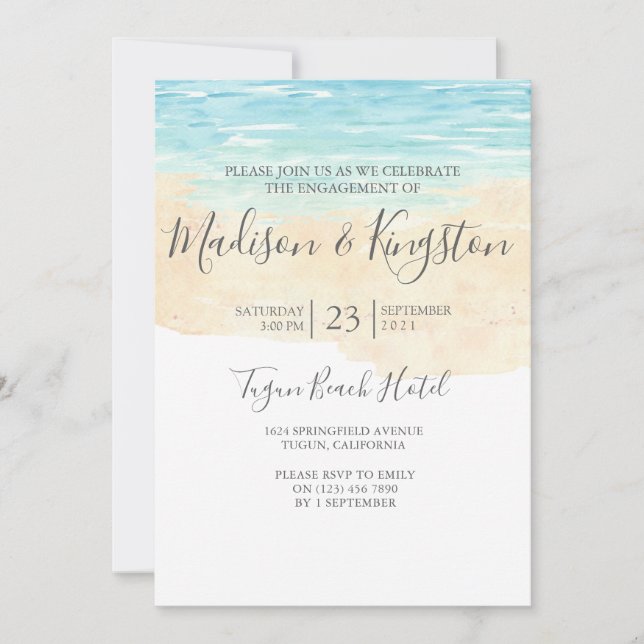 Watercolor Beach Blue Engagement Party Invitation (Devant)