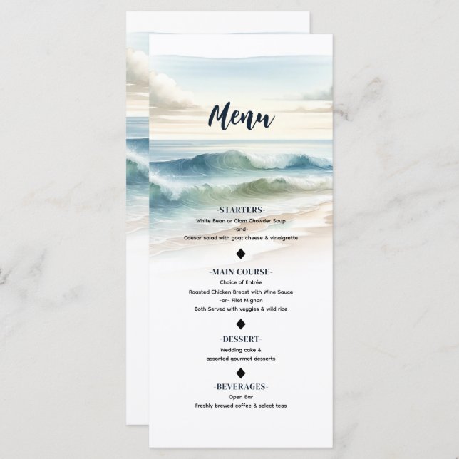 Watercolor Beach Waves Coastal Mariage Menu (Devant / Derrière)