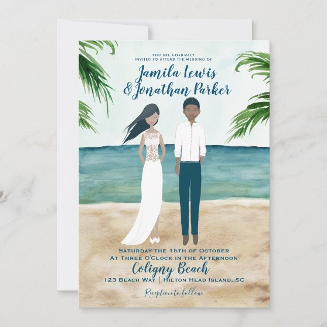 Watercolor Beach Wedding Invitation Couple noir (Devant)
