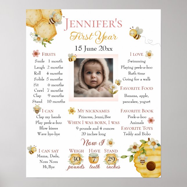 Watercolor Bee First Birthday Milestone Poster (Devant)