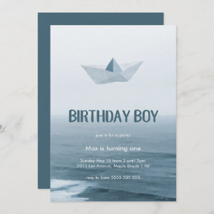 Watercolor Blue Boat Boy Invitation de fête d'anni