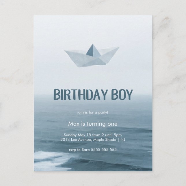 Watercolor Blue Boat Boy Invitation de fête d'anni (Devant)