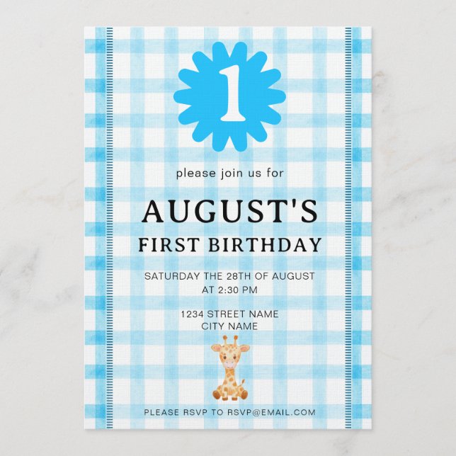 Watercolor Blue Check Koala Birthday Invitation (Devant)