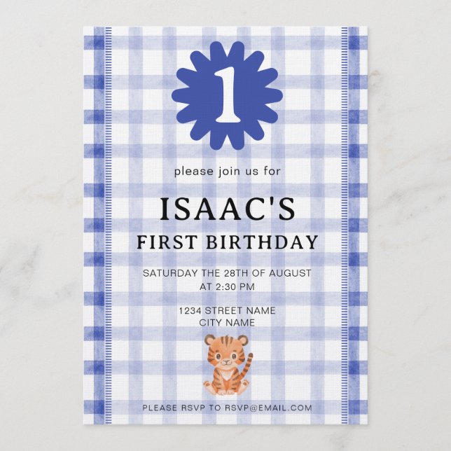 Watercolor Blue Check Tiger Birthday Invitation (Devant)