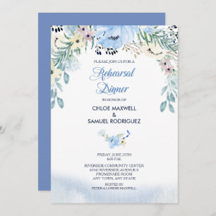 Watercolor Blue Floral Rehearer Dîner Invitation