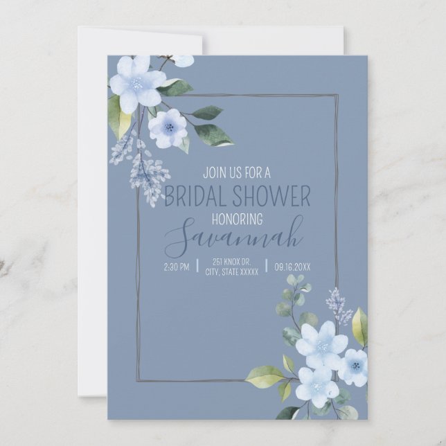 Watercolor Blue Floral Wedding Shower Invitation (Devant)