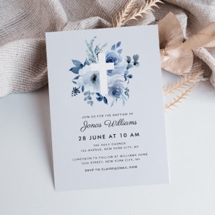 watercolor blue florals Invitation baptême