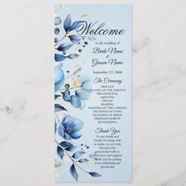 Watercolor Blue Flowers Programme de mariage (Devant)
