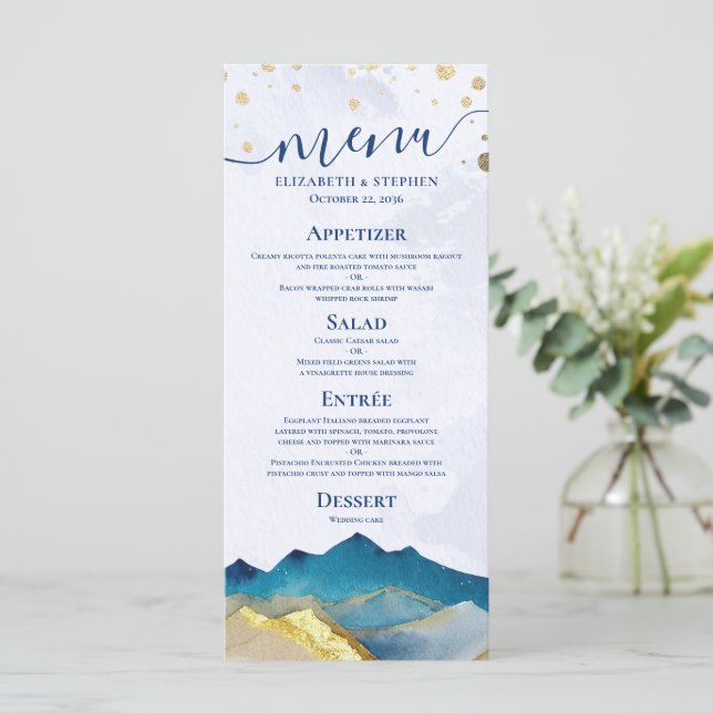 Watercolor Blue Gold Mountain Outdoor Mariage Menu (Debout devant)