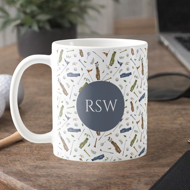 Watercolor Blue Green Golf Pattern Monogram Mug (Créateur téléchargé)
