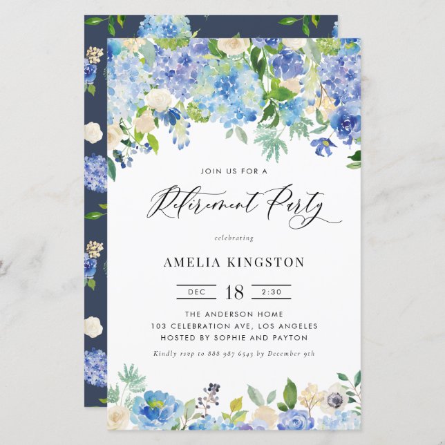 Watercolor Blue Hydrangea Retraite Invitation (Devant / Derrière)