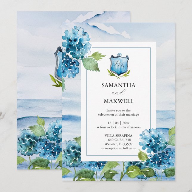 Watercolor Blue Hydrangea Wedding Invitation (Devant / Derrière)
