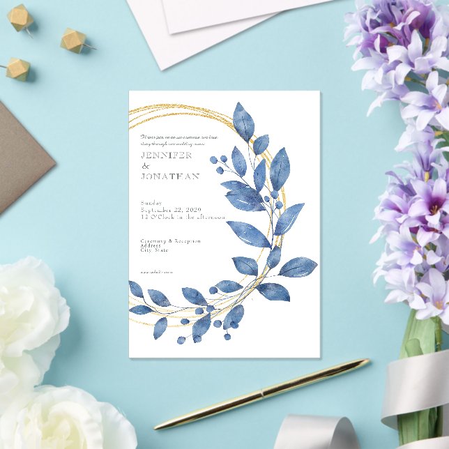 Watercolor Blue Leaves Gold Wedding Invitation (Insitu (Mariage))