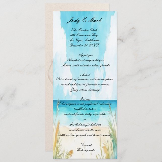 Watercolor Blue Ocean Beach Wedding Menu (Devant / Derrière)