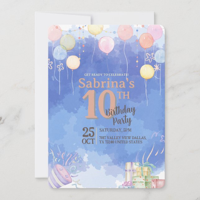 Watercolor Blue Sky Balloon Birthday Invitation (Devant)