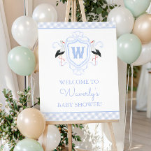 Watercolor Blue Stork Gingham Monogram Crest