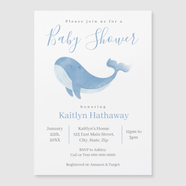 Watercolor Blue Whale Baby shower Magne Invitation (Devant)