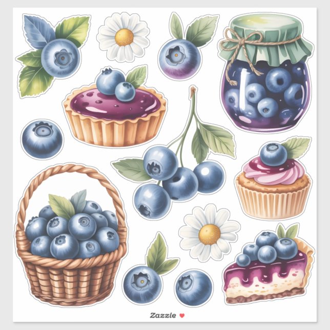 Watercolor Blueberry Treats Sticker Pack Isolated  (Feuille)