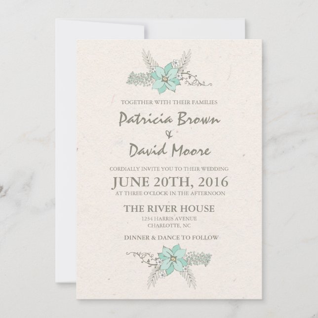 Watercolor Bouquet Faire-part de mariage Turquoise (Devant)