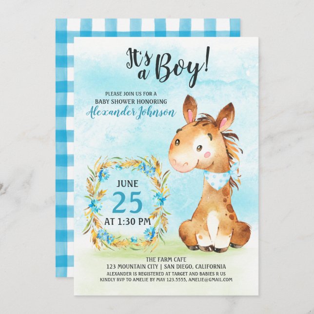 Watercolor Boy Horse Baby shower Farm Invitation (Devant / Derrière)