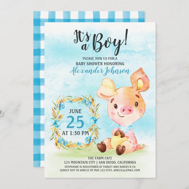 Watercolor Boy Piggy Baby shower Farm Invitation (Devant / Derrière)