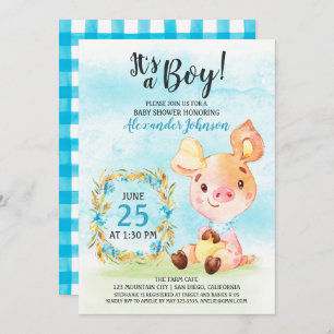 Watercolor Boy Piggy Baby shower Farm Invitation