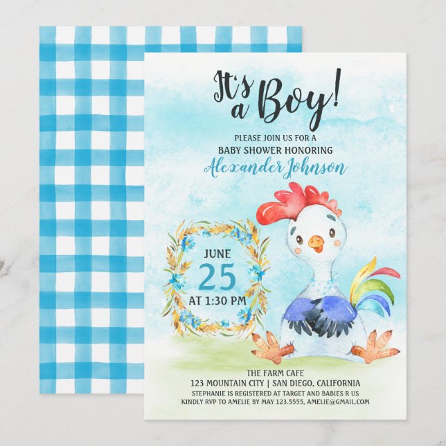 Watercolor Boy Rooster Baby shower Farm Invitation (Devant / Derrière)