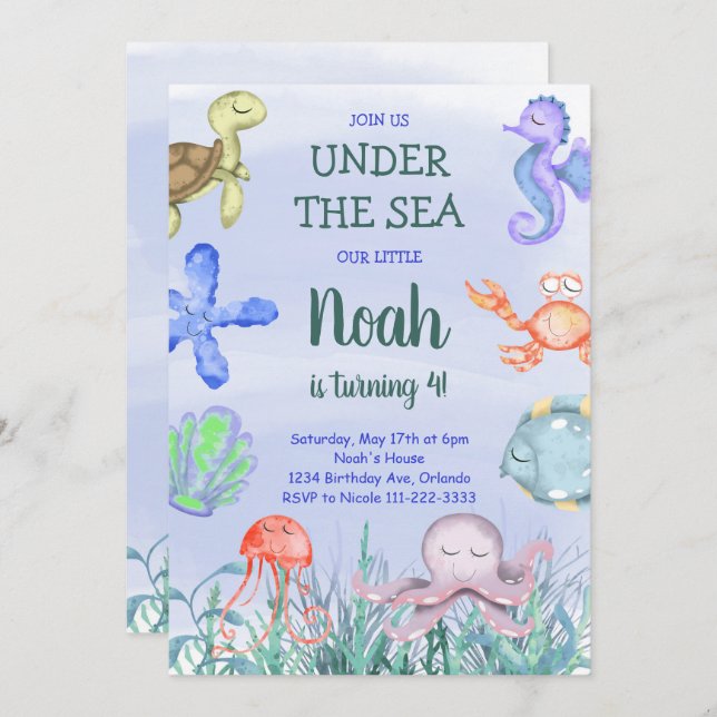 Watercolor Boys Under the Sea Birthday Invitation (Devant / Derrière)