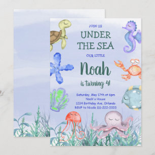 Watercolor Boys Under the Sea Birthday Invitation