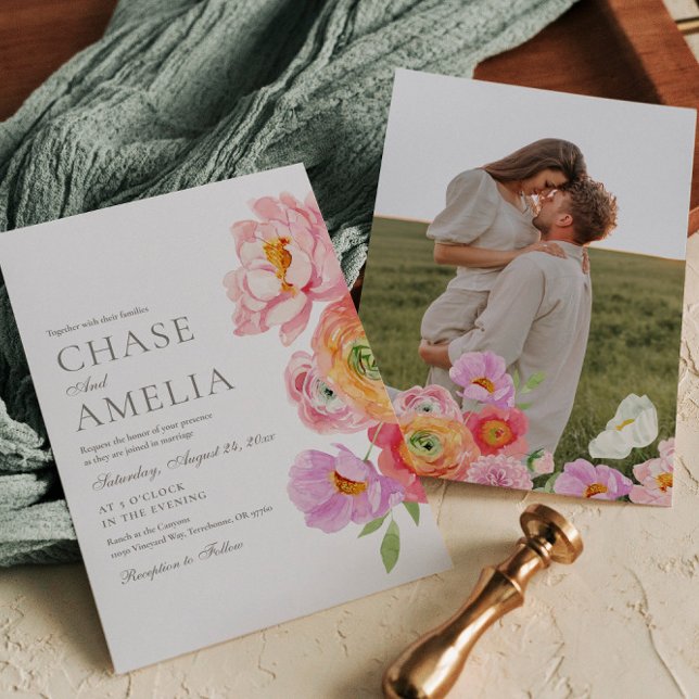 Watercolor Bright Floral Photo Wedding Invitation (Créateur téléchargé)