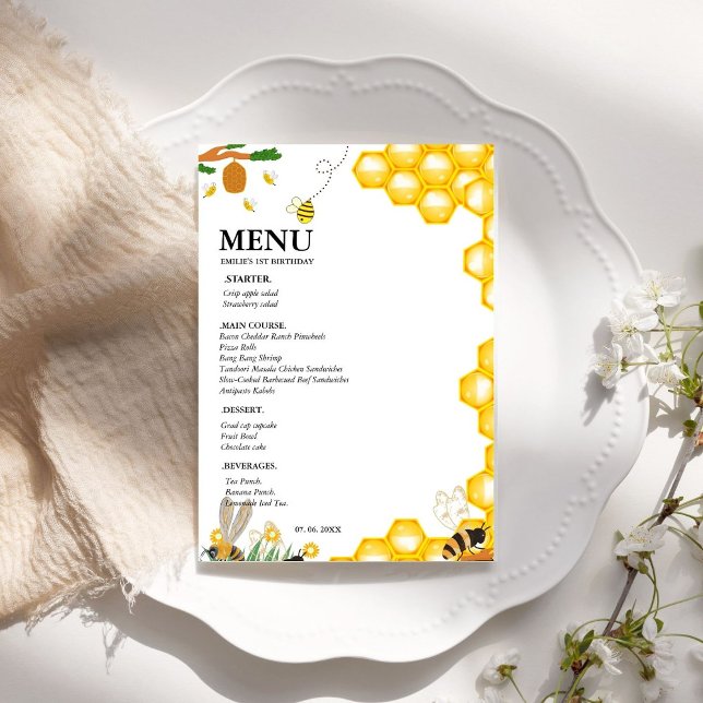 Watercolor bumble bebe floral Birthday Party Menu (Créateur téléchargé)