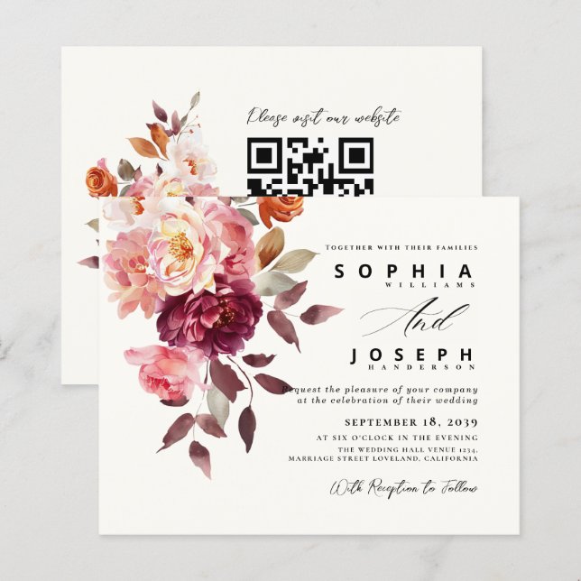 watercolor Burgundy Bouquet Floral Wedding (Devant / Derrière)