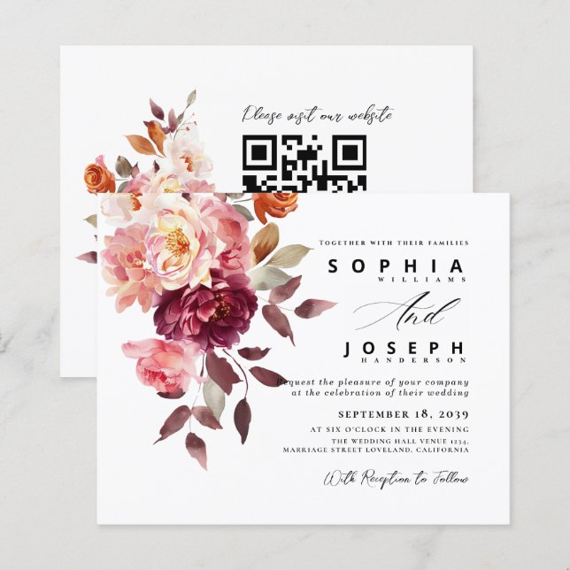 watercolor Burgundy Bouquet Floral Wedding (Devant / Derrière)