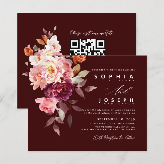 watercolor Burgundy Bouquet Floral Wedding (Devant / Derrière)