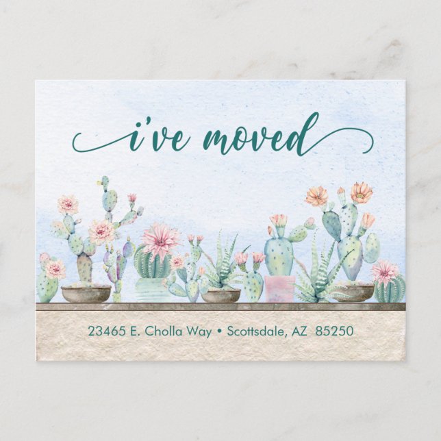 Watercolor Cactus I've Moved Faire-part carte post (Devant)