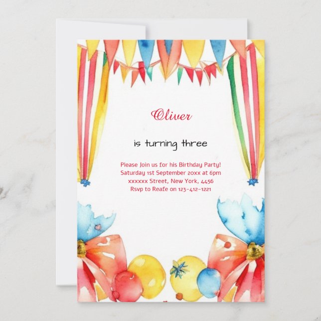 Watercolor Carnival Circus Anniversaire Invitation (Devant)