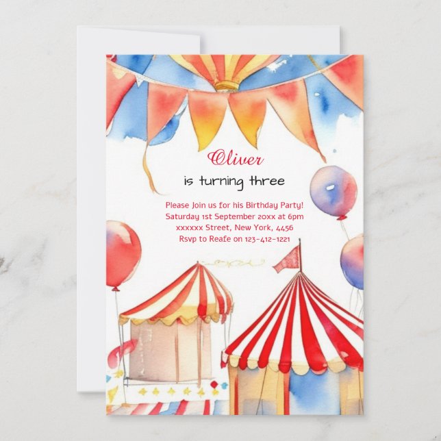 Watercolor Carnival Circus Anniversaire Invitation (Devant)