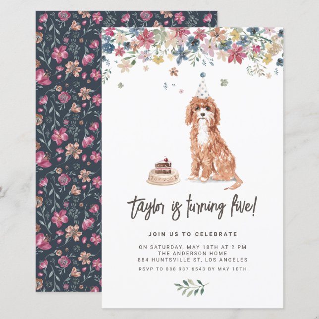 Watercolor Cavapoo Chien Anniversaire Fête Invitat (Devant / Derrière)