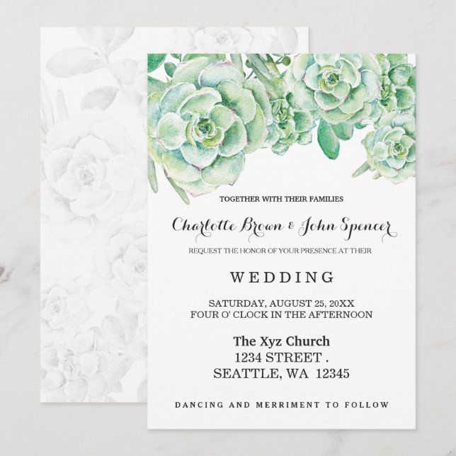 watercolor celadon succulentes invitations de mari (Devant / Derrière)