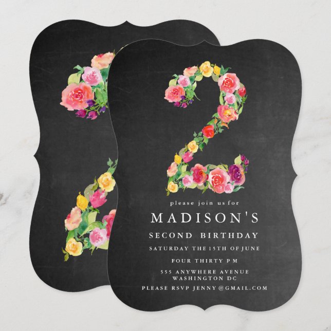 Watercolor Chalkboard Girls 2e Invitation d'annive (Devant / Derrière)