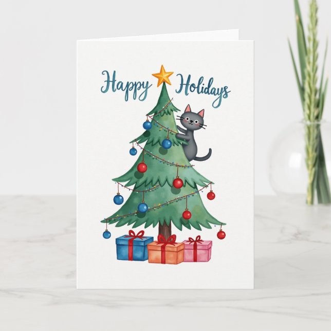 Watercolor Chat in Tree Bonne Carte Vacances (Devant)