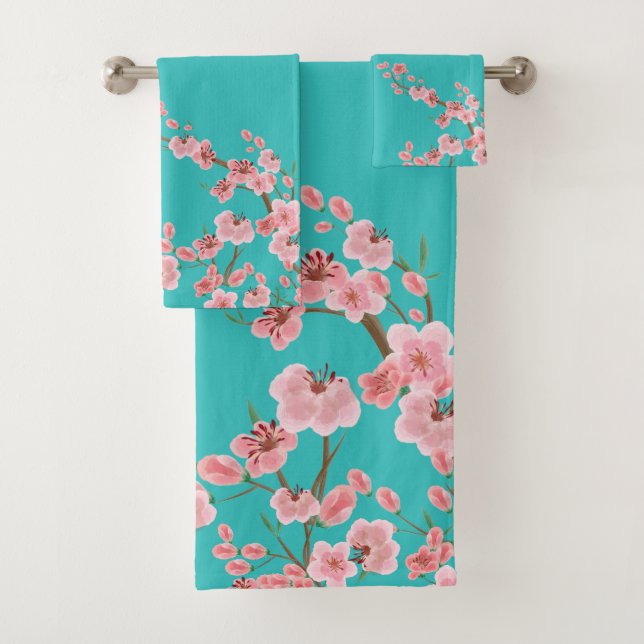 Watercolor Cherry Blossom Bath Towel Set (En situation)