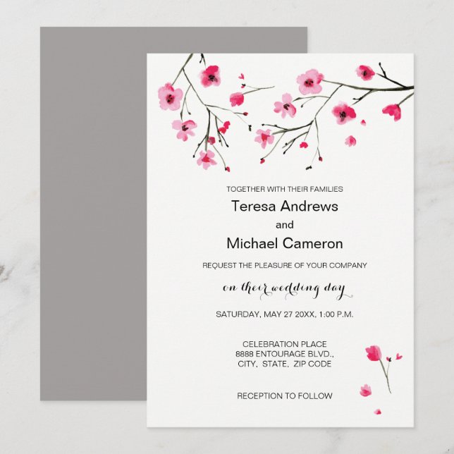 Watercolor Cherry Blossoms Invitations de mariage (Devant / Derrière)