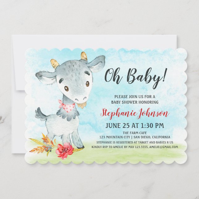 Watercolor Chèvre Baby shower ferme Invitation (Devant)