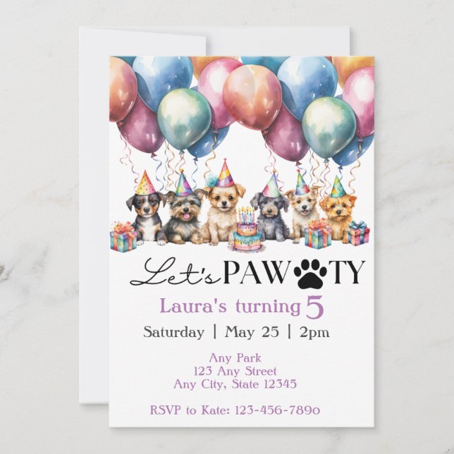 Watercolor Chien Anniversaire Pawty Invitation (Devant)