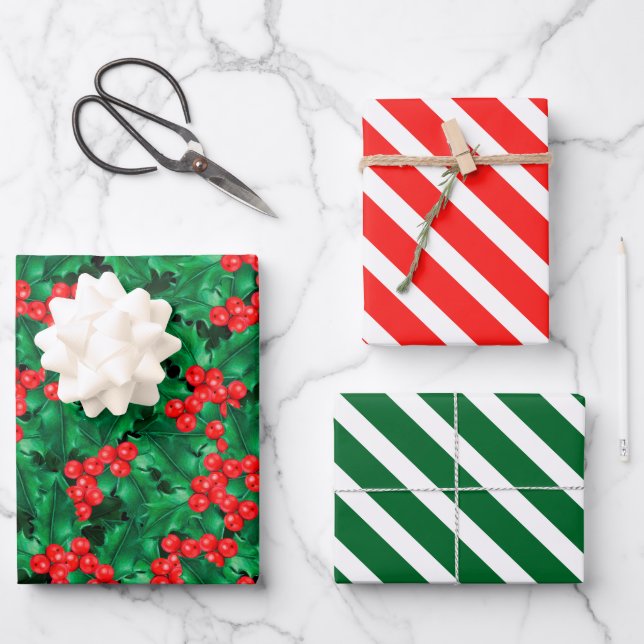Watercolor Christmas Holly Enveloppement Papier Se (Recto)