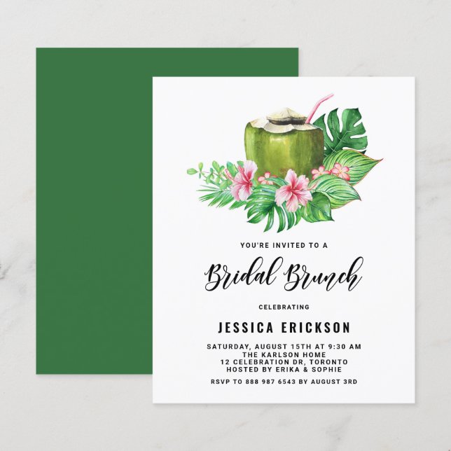Watercolor Coconut Summer Bridal Brunch Invitation (Devant / Derrière)